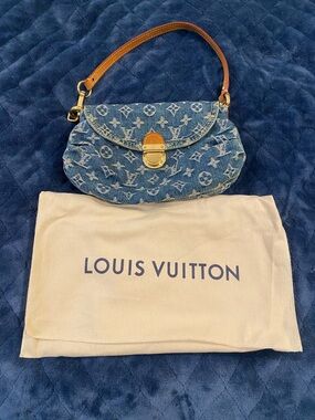Louis Vuitton Denim Monogram Shoulder Bag with Tan Leather Strap